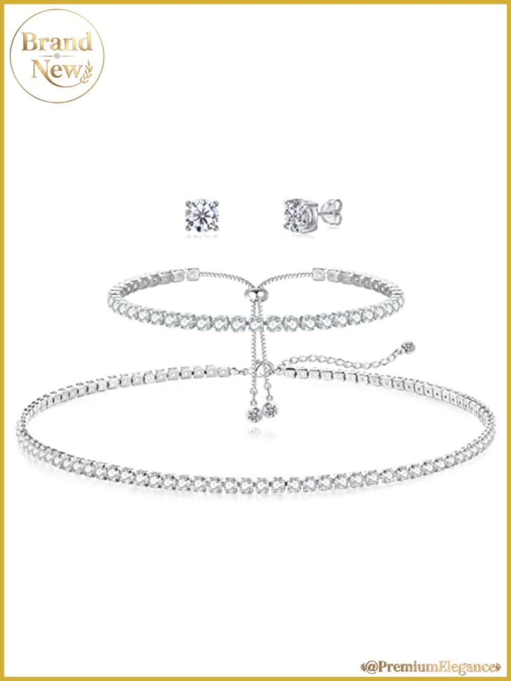 Sterling Silver Plated Rhinestone Tennis Necklace Bracelet Set Wedding Jewelry